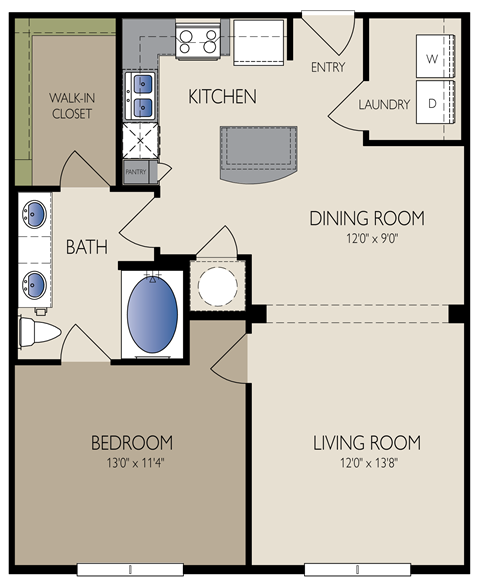 Floor plan for 1 bed, 1 bath, 823 sqft